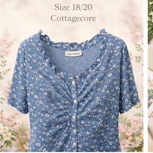 Quizz Woman Blue Floral Embroidered Blouse – Ruffle Neck Button Cottagecore